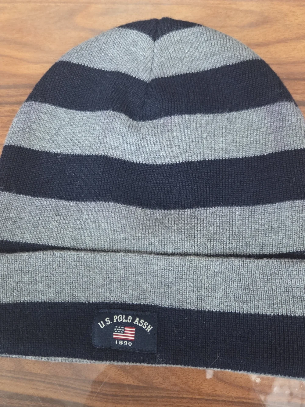 U.S. Polo Assn. Striped Knit Beanie in Navy & Gray